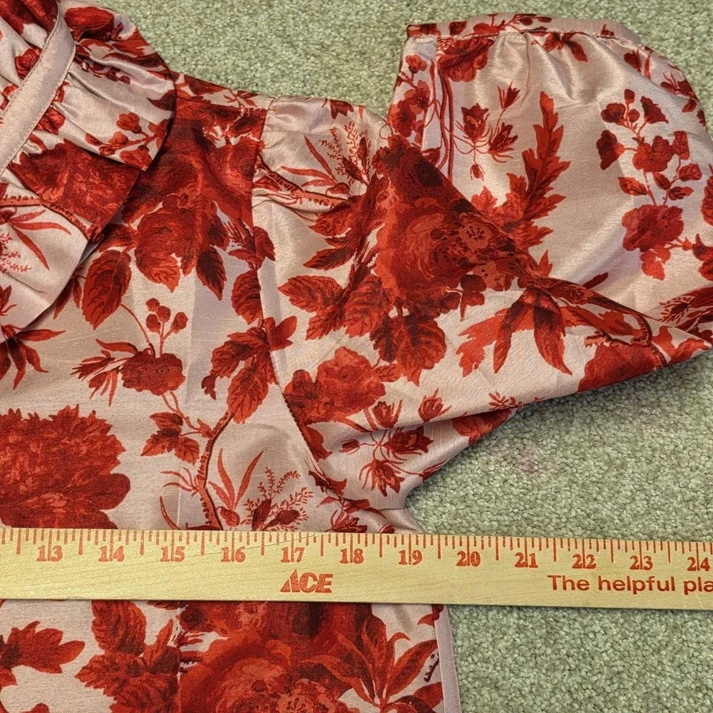 Tuckernuck XS Pink Red Floral Ruffle Collar Puff Sleeve Blouse Top Shiny Satin